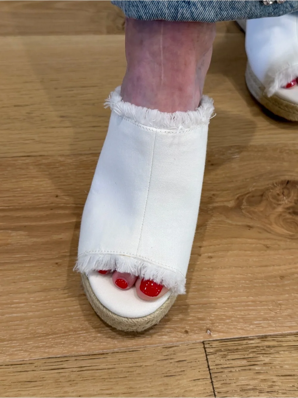 Liverpool White Frayed Espadrille Wedge Mules